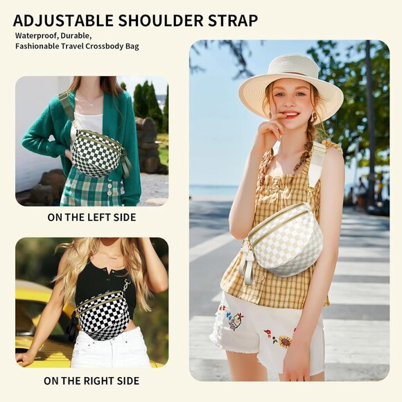 Womens Checkered Nylon Bum Bag Travel Purse Large Water-Resistant Stylish - Picture 2 of 6